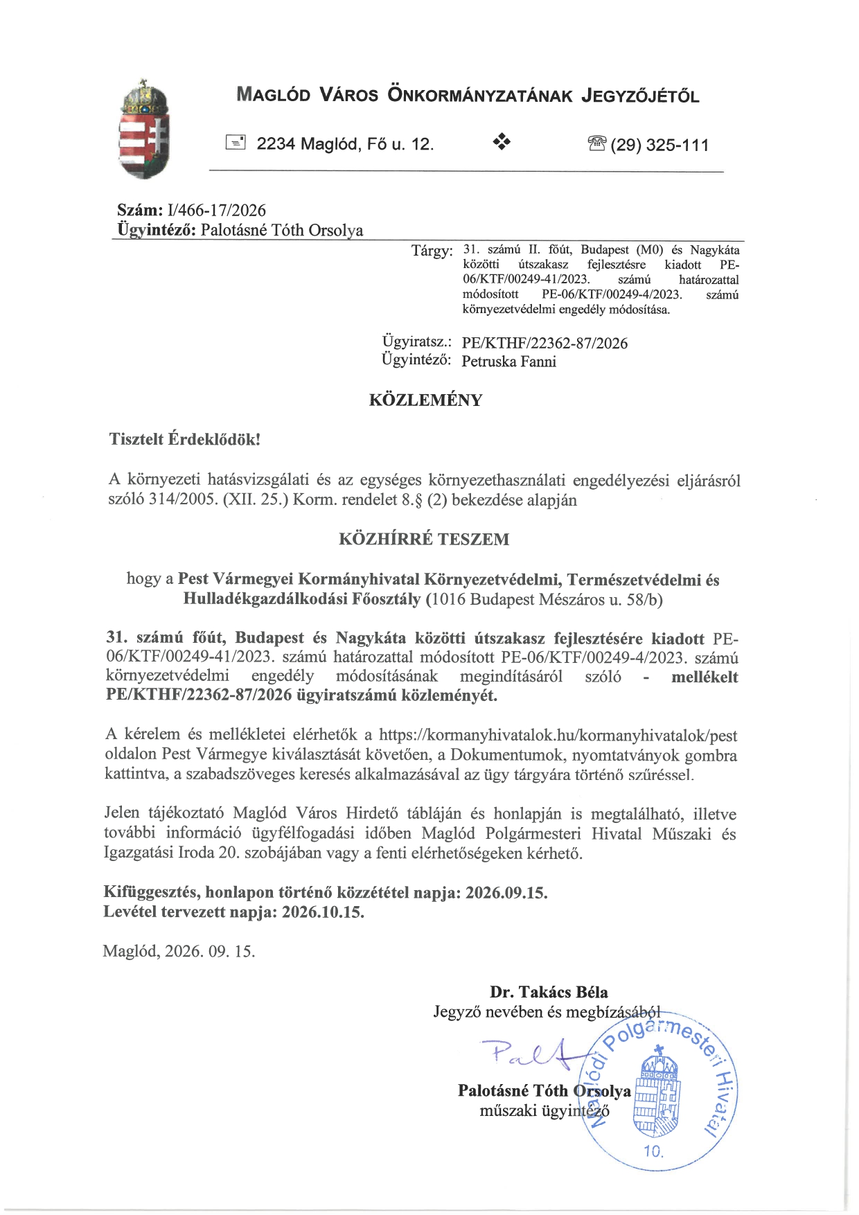 A közlemény szöveges átirata a kép alatt található