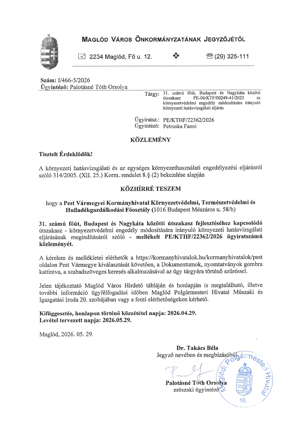 A közlemény szöveges átirata a kép alatt található
