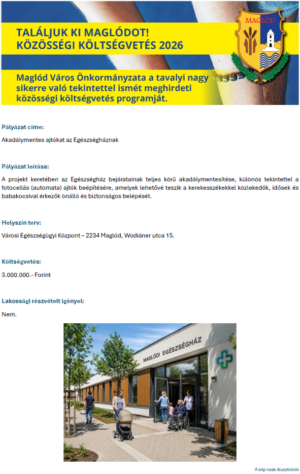 A plakát szöveges átirata a kép alatt található. 1. kép: Találjuk ki Maglódot! Közösségi költségvetés 2026. Maglód Város Önkormányzata a tavalyi nagy sikerre való tekintettel ismét meghirdeti közösségi költségvetési programját. 2. kép: A Malgódi Egészségház akadálymentesített bejárata