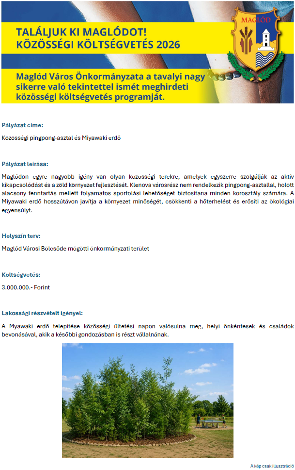 A plakát szöveges átirata a kép alatt található. Fejlész szövege: Találjuk ki Maglódot! közösségi költségvetés 2026. Maglód Város Önkormányzata a tavalyi nagy sikerre való tekintettel ismét meghirdeti közösségi költségvetési programját. 2. kép: Miyawaki erdő, a kép csak illusztráció