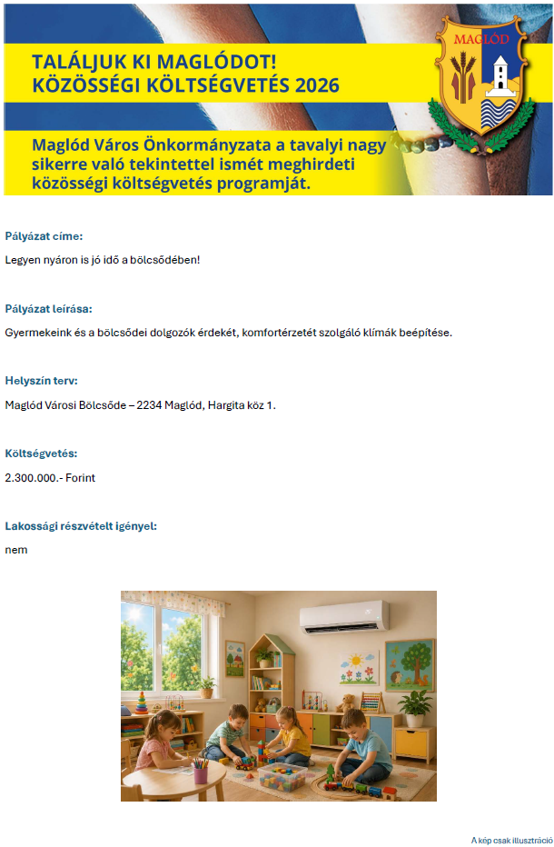 A plakát szöveges átirata a kép alatt található. 1. kép: Találjuk ki Maglódot! Közösségi költségvetés 2026. Maglód Város Önkormányzata a tavalyi nagy sikerre való tekintettel ismét meghirdeti közösségi költségvetési programját. 2. kép: Gyerekek játszanak. A kép csak illusztráció