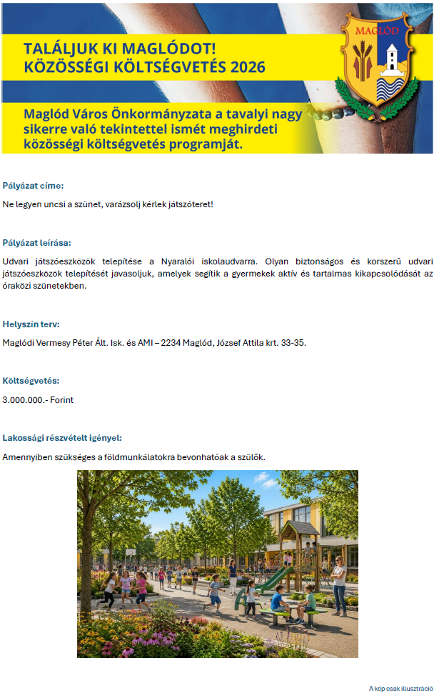 A plakát szöveges átirata a kép alatt található. 1. kép: Találjuk ki Maglódot! Közösségi költségvetés 2026. Maglód Város Önkormányzata a tavalyi nagy sikerre való tekintettel ismét meghirdeti közösségi költségvetési programját. 2. kép: Gyerekek játszanak a játszótéren, a kép csak illusztráció.